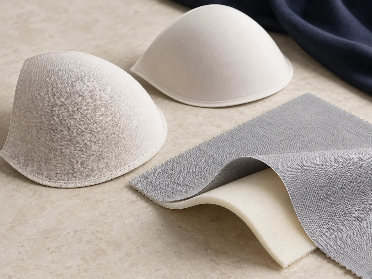 Illustrative moulded cups beside a foam-backed knitted textile sample