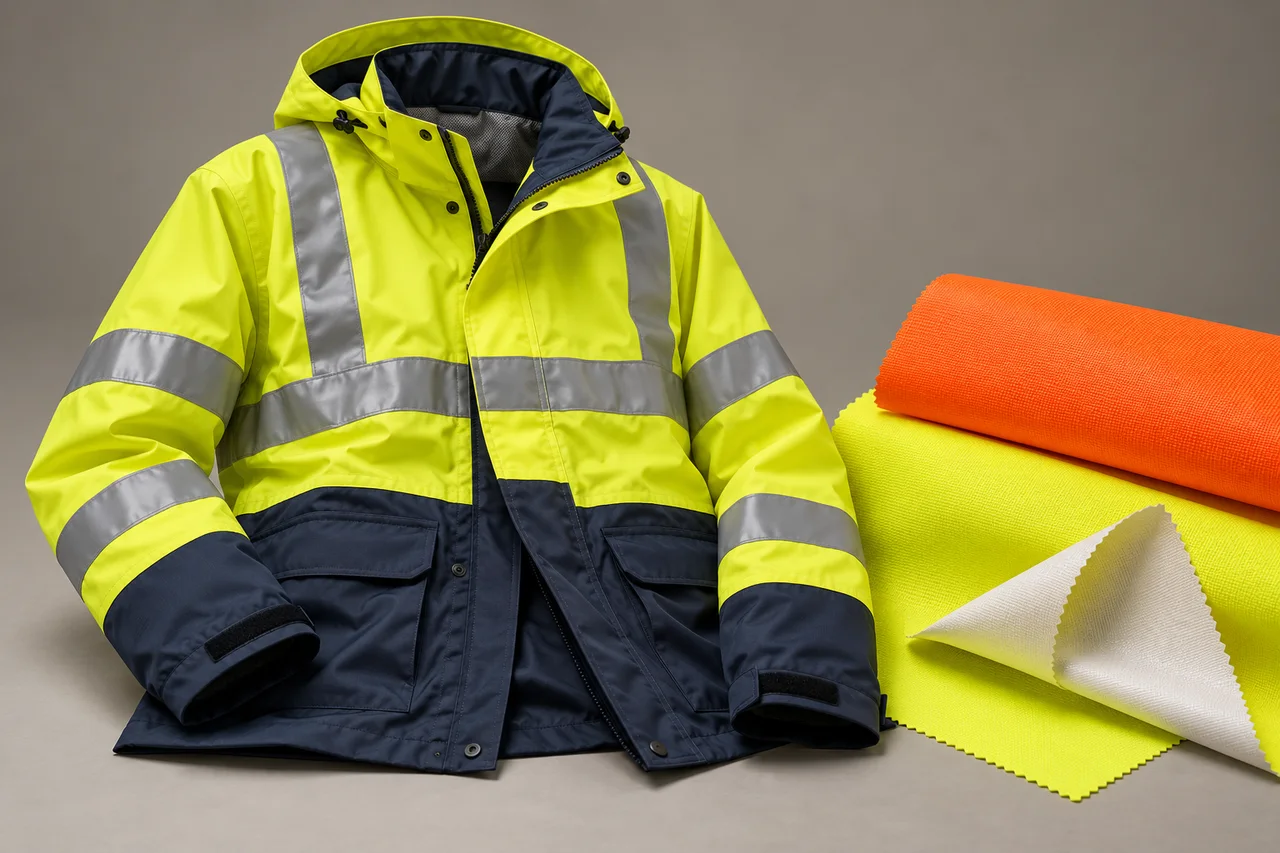 Illustrative high-visibility workwear jacket with yellow and orange laminated fabric samples