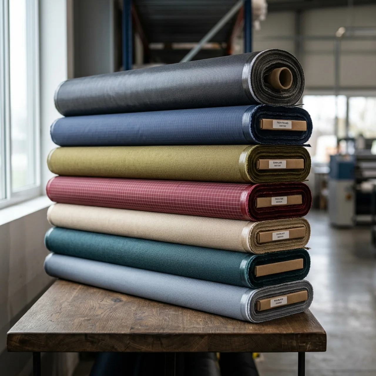 Illustrative collection of woven textile rolls